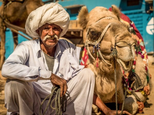 A working camel looks content as it sits next to its smiling owner in India.