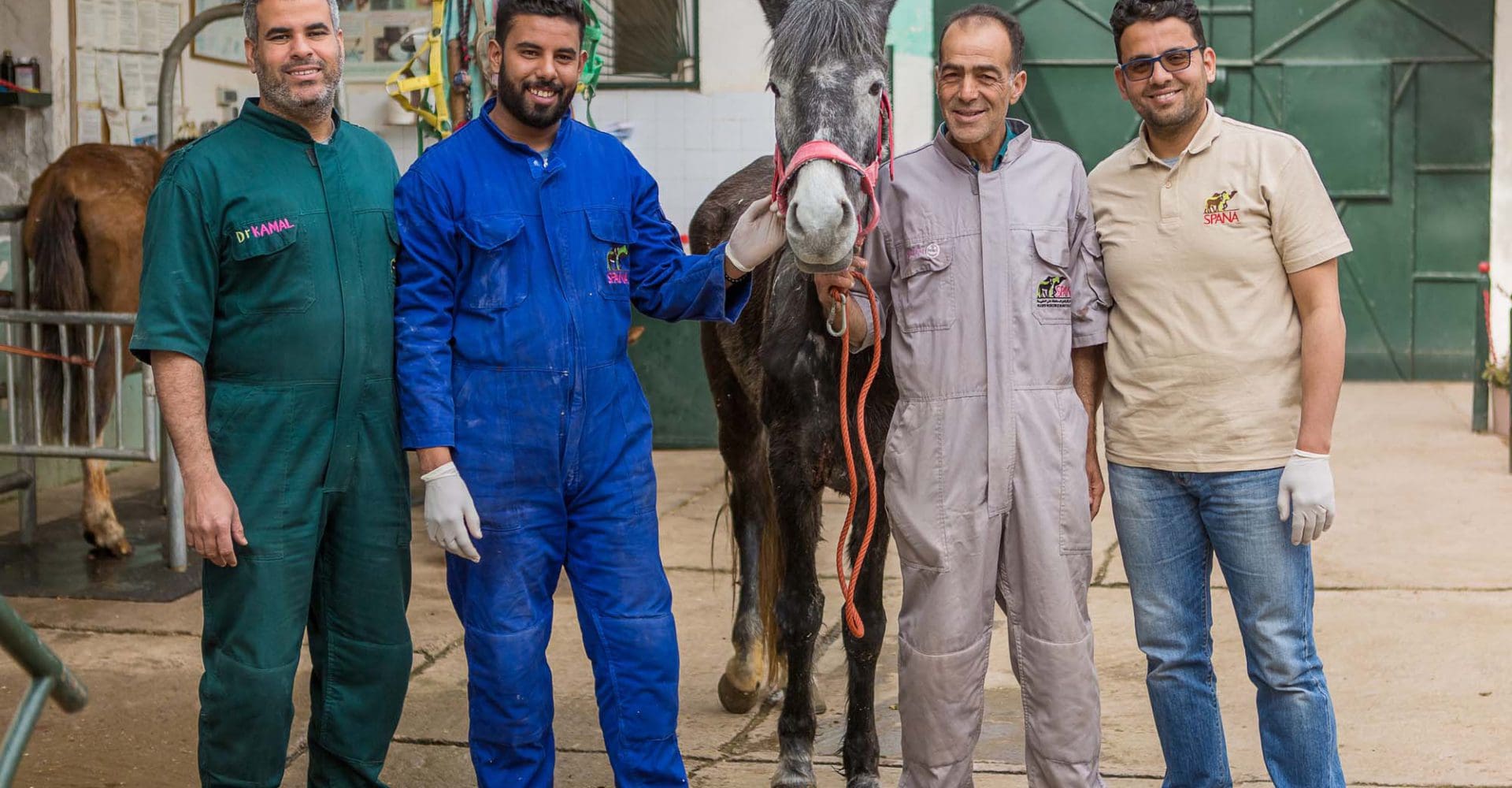 Four men standing with horse