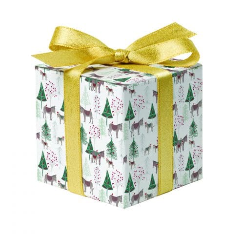 Donkey gift wrap, wrapped around box with ribbon