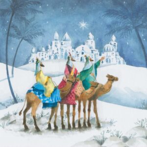 Christmas card design featuring the three kings on camels