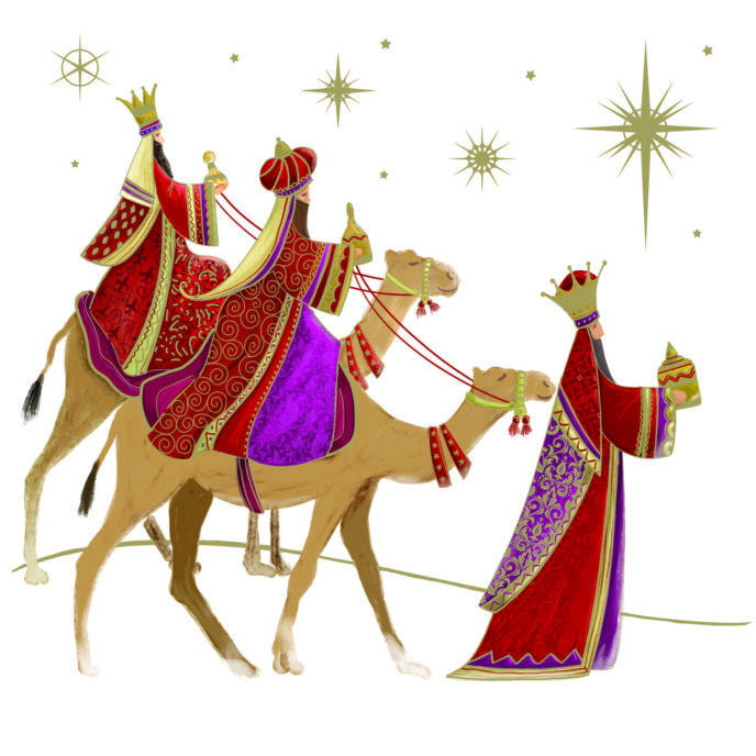 Christmas card image of three kings riding with camels