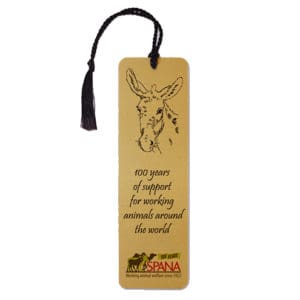 Gold coloured bookmark with a donkey design, message and SPANA logo