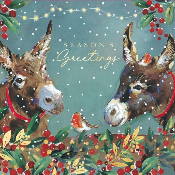 Christmas Card featuring design with two donkeys and a robin