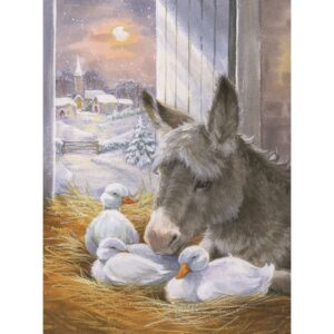 Christmas Card featuring design with a donkey lying a stable with geese