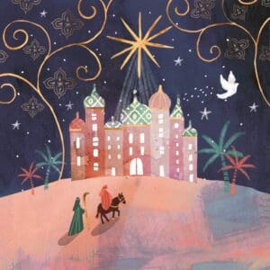 Christmas Card featuring Mary and Joseph on donkey on the way to Bethlehem