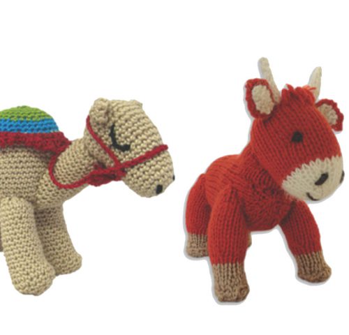 Animal knit toys on white background